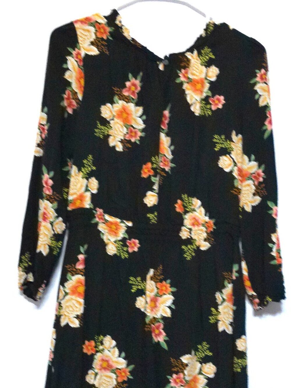 LOFT Women’s Medium Black Floral Midi Dress Long Sleeve Smocked Waist